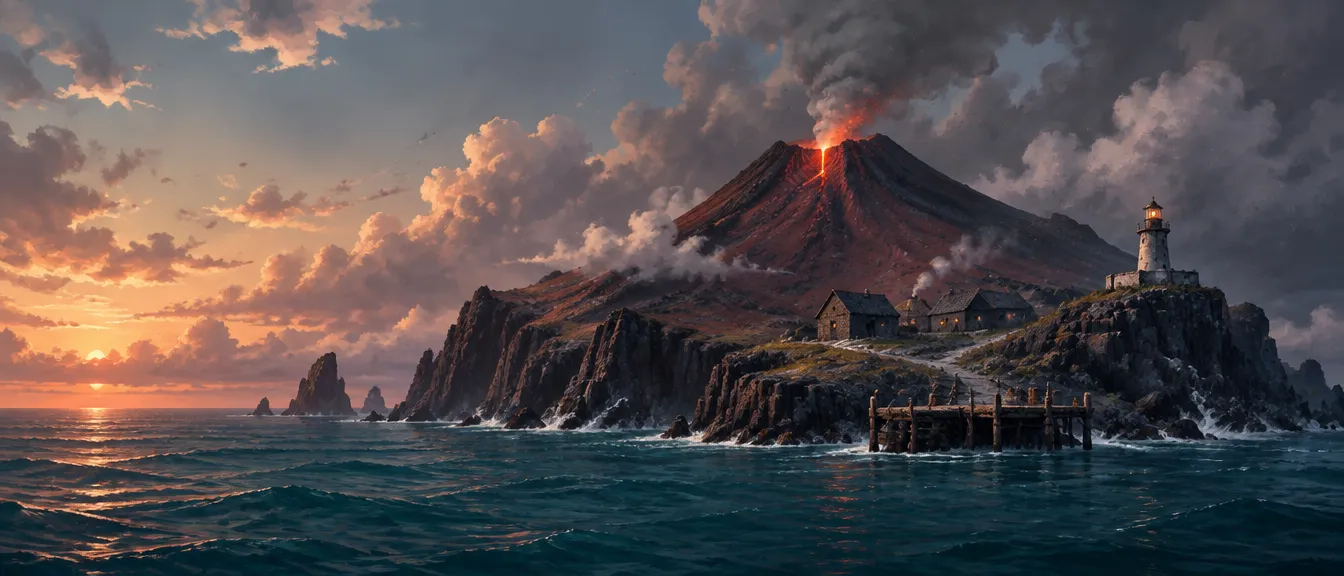 Scoria Key dilihat dari permukaan laut saat senja: kerucut cinder merah kehitaman, mercusuar kecil, beberapa pondok basalt, dan dermaga pendek.
