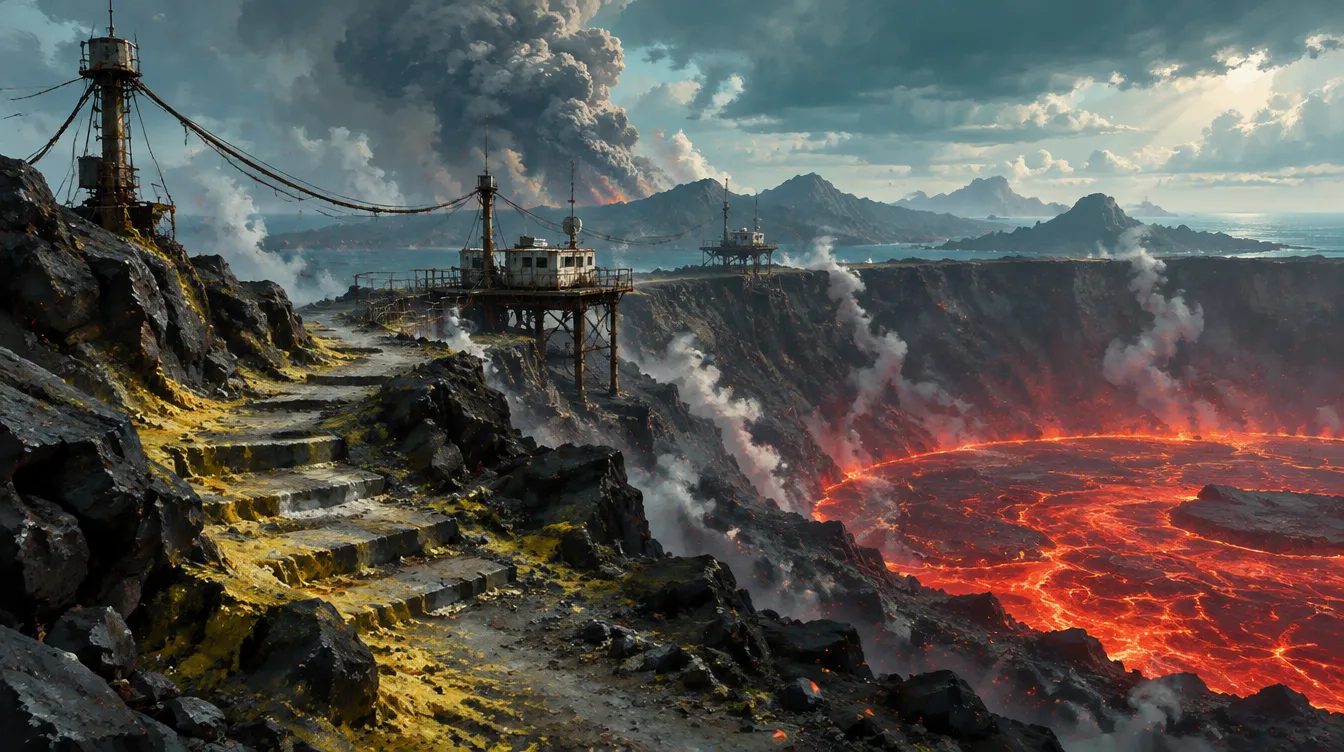 Hesk Caldera: jalan setapak bertangga belerang di bibir kawah, platform survei berkaki tiang, dan danau lava di dasar kawah.