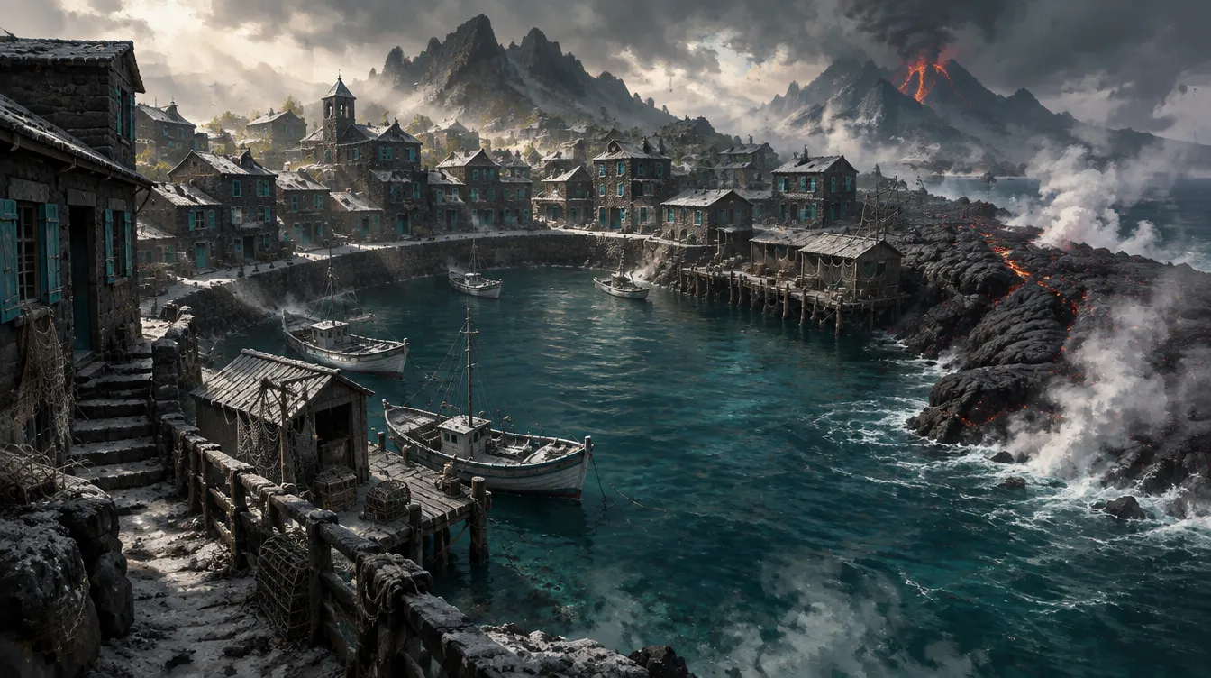 Saltmouth: kota pelabuhan dari batu basalt berjendela teal, perahu nelayan berdebu abu, dan lidah lava beku yang masuk ke tepi pelabuhan.